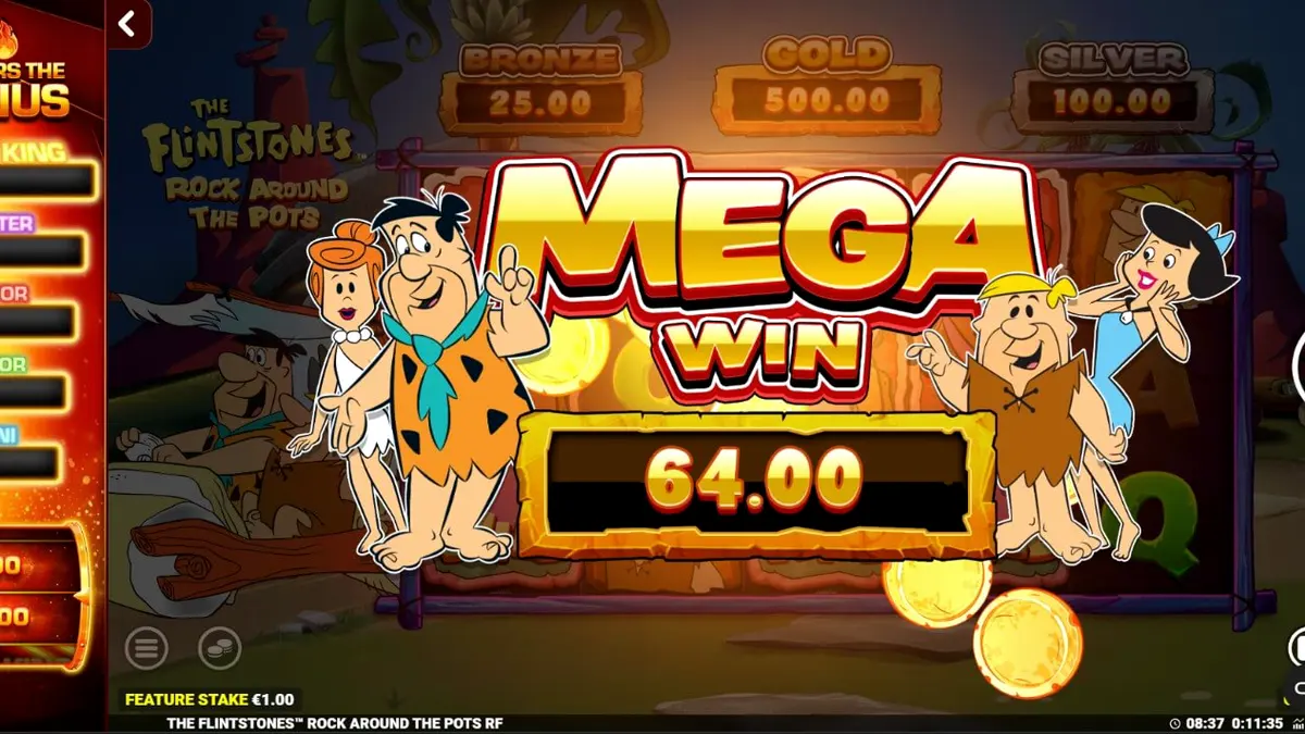 Pemandangan layar permainan slot The Flintstones: Rock Around The Pots dengan karakter ikonik dan elemen desain Bedrock.